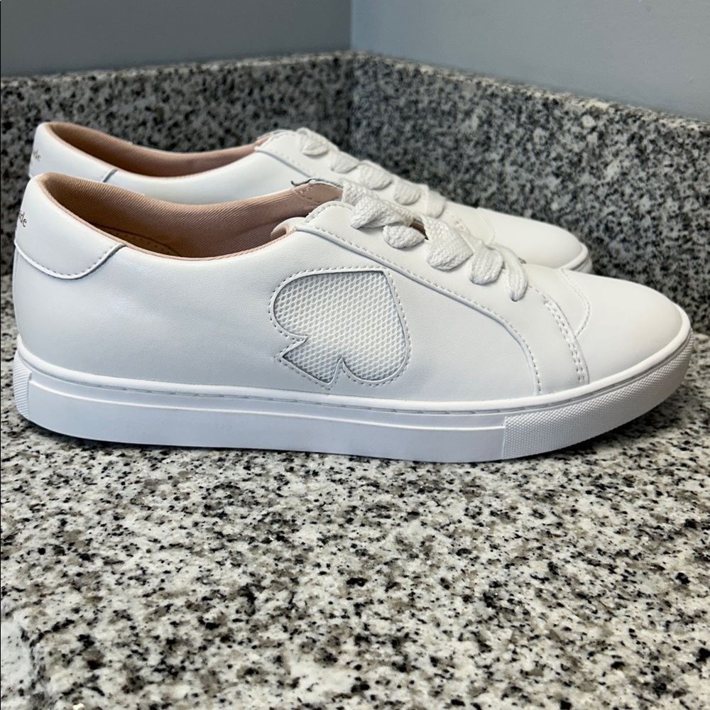 Kate Spade NY Fez Lace Up All White Leather Sneakers Signature Mesh Spade Logo